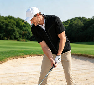 Model wearing Lightweight UPF50+ Short Sleeve Golf Vests Jacket while playing golf on the course