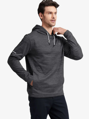 Half-body front look highlighting DARK GREY HEATHER pullover's soft heather texture and casual fit