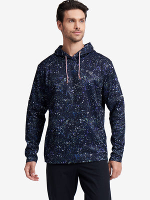 Front upper body of model wearing trendy print fleece hoodies, relaxed fit in splatter