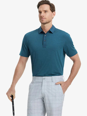 Model in LYONS BLUE Jacquard Polo posing with golf club — active and athletic on the front view