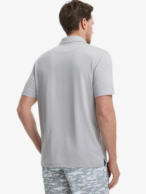 Back view from waist up showing the fit of LIGHT GREY 4 Way Stretch Jacquard Polo on model