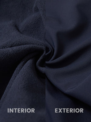 Inside and outside fabric view of navy thermal water repellent fleece dress pants