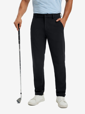 Water-resistant golf stretch nylon pants in black, front lower-body view showing clean athletic fit.