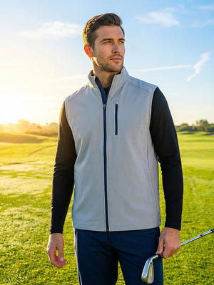 Full body shot of model on course in Windproof golf vests with zip pockets, clean light grey look
