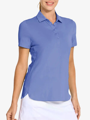 Front view from nose to hem of model wearing HAZE BLUE Women's Performance Solid Polo with skirt