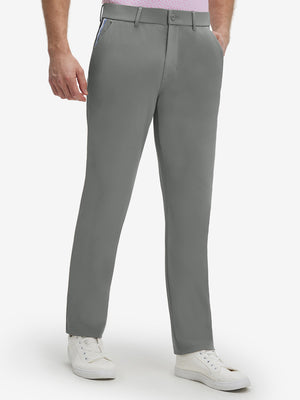 Front lower body shot of model wearing gray blue breathable casual slacks with 4 pockets