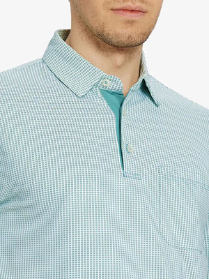 Model front view from nose to chest in EMERALD Elegant Performance Jacquard Polo