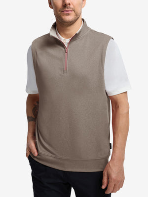 Upper body front view of model wearing brown melange  lightweight sleeveless quarter zip golf vest