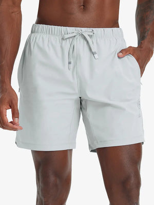 Front lower-body view from waist to knees of model wearing GLACIER GREY 2 in 1 Running Sports Shorts with Liner