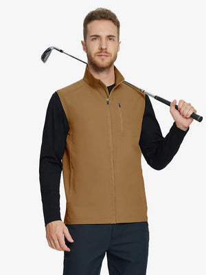 Model holding a golf club, wearing windproof golf vests with zip pockets in brown