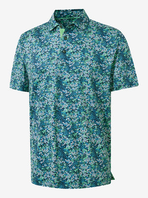 Front 3D view of Performance quick dry print golf polos in navy green floral, clean athletic design