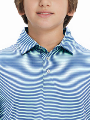 Front view of youth wearing green ash stripe performance cooling polo, showing collar and chest fit