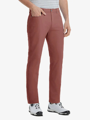 Front view of model wearing Stretch Plain Everyday Pants, athletic fit and minimal look – CRANBERRY
