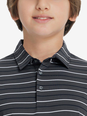 Front upper collar view of kids stylish stripe polo shirts, neat placket in dark grey stripe tone