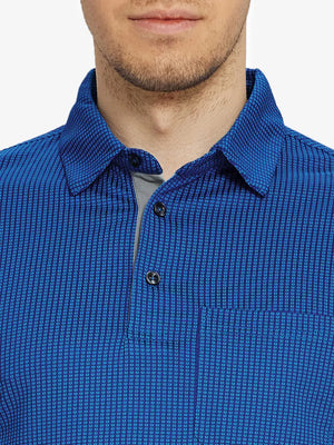 Model front view from nose to chest in COBALT Elegant Performance Jacquard Polo