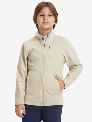 Model wearing kids soft lightweight fleece lined jacket in light khaki, showcasing front half-body view.