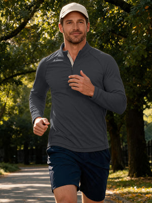 Model outdoor sports activity shooting scene, dry fit athletic 1/4 zip sweatshirt in black heather