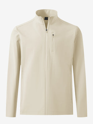 Lightweight casual fleece jacket with 5 pockets in light khaki, front 3d view showing clean lines