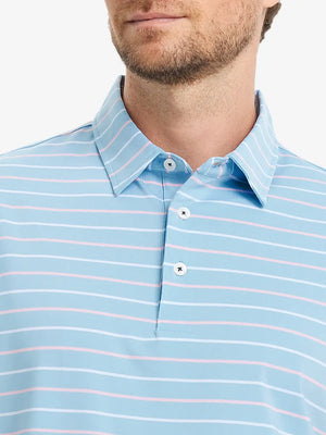 Front close-up from nose to chest of model in MISTY BLUE STRIPE Stylish Performance Golf Polo
