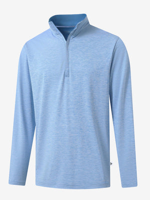 Heather Pinstripe Brushed Dry Fit Quarter Zip Pullover in sky blue heather, 3D front chest view with quarter zip design
