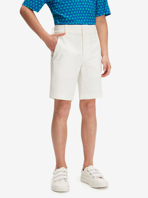 Front lower body in white boys lightweight dry fit flat front golf shorts