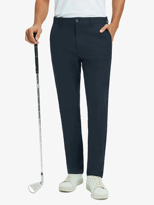 Front lower leg view of Water Repellent 8 Pockets Pants in NAVY，showing fabric texture and fit.，model holds golf club with right hand.