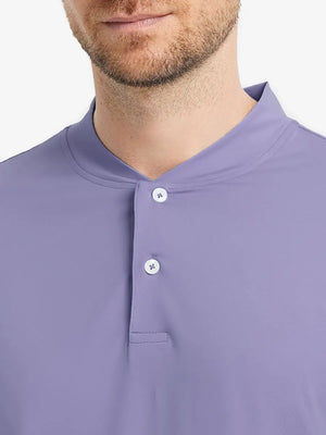 Front view from nose to chest wearing Everyday Collarless Jersey Shirt in LAVENDER.