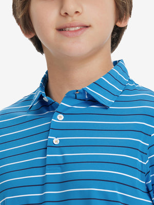 Close-up of collar on trendy boys stripe polo shirts, neat stitching with classic blue stripe accent