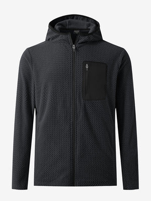 3D front view of full zip fleece hoodied jacket in black, showing soft texture and sleek cut.