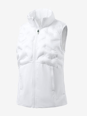 Women's lightweight slim-fit puffer vest in white, front 3D view with clean quilt lines