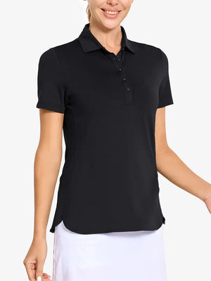 Front view from nose to hem of model wearing BLACK Women's Performance Solid Polo with skirt