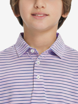 Front collar upper body of youth performance golf polos, clean neckline and light pink/cobalt stripe detail