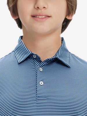 Collar close-up of Kids stripe golf polos with neat trim and blue denim stripe detail