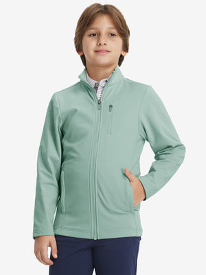 Model wearing kids soft lightweight fleece lined jacket in dusty green, showcasing front half-body view.