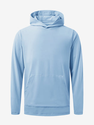 3D front view of youth long sleeve hoodied with kangaroo pocket in light blue, showing clean design.