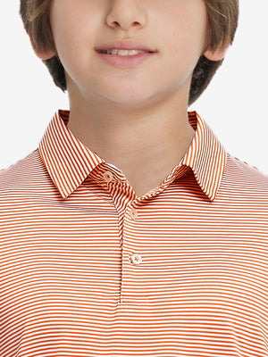 Front view of youth wearing orange stripe performance cooling polo, showing collar and chest fit