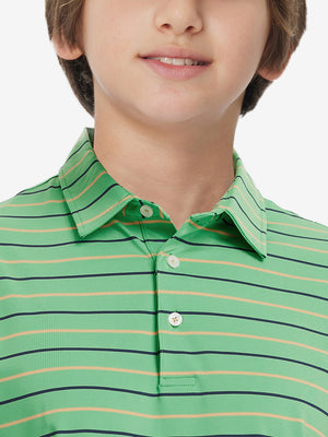 Front upper collar view of kids stylish stripe polo shirts, neat placket in green stripe tone