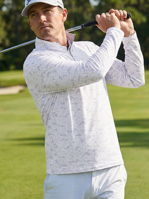 Full print lightweight quarter zip pullover, golfer swinging in brown grey camo on open course scene