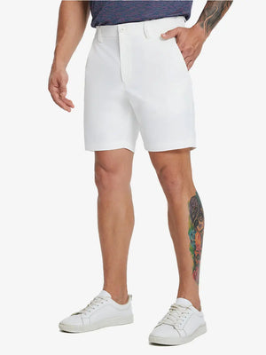 Front lower-body view of model wearing WHITE Water Resistant Versatile 8 Pockets Shorts.