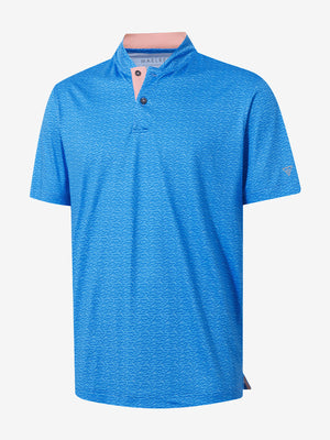 3D view of blue wave dolphin stretch printed collarless henley golf shirts.