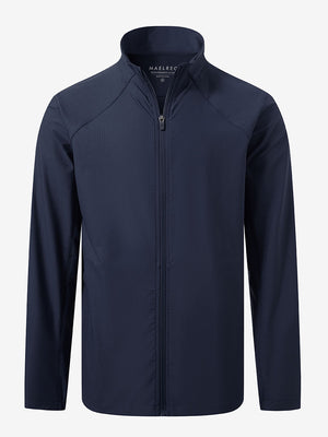 Lightweight water-resistant outerwear jacket in navy, front 3D view with clean structure
