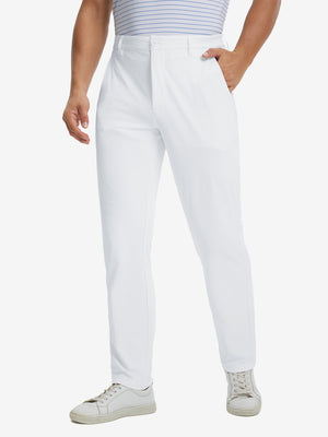 Soft lightweight casual golf pants with 5 pockets in white, front lower-body view with relaxed fit.