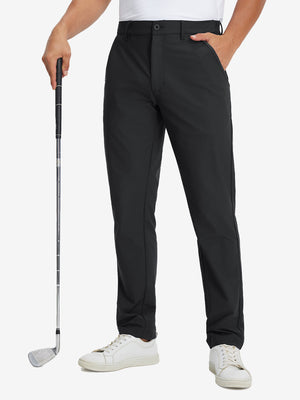 Lightweight flat front casual trousers in black, front lower-body view with a clean tailored fit.