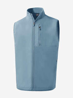 3D view of the sleeveless softshell fleece outdoor vests with 6 pockets in misty blue