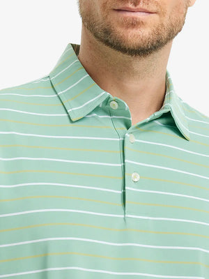 Front close-up from nose to chest of model in LIGHT GREEN STRIPE Stylish Performance Golf Polo