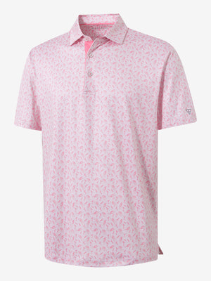 3D render of the pink wine glass 4 way stretch print collared polo shirt, displaying the garment structure and design clearly