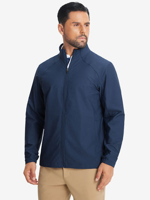 Model wearing lightweight water-resistant outerwear jacket, blue indigo, front upper body view