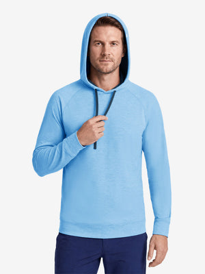 Model front upper body wearing view, heather midlayer golf hoodies in blue heather
