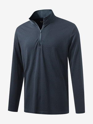 Front 3D view of jacquard quarter zip pullover in grey/navy, showing its textured fabric design.