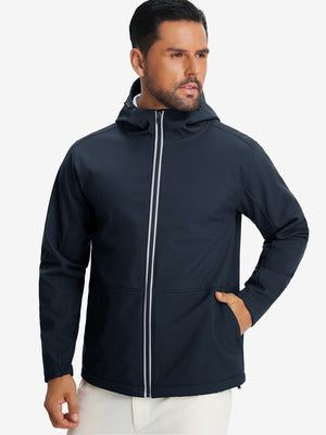 Model wearing reflective hooded softshell jacket, navy, front upper-body with a sleek fit.